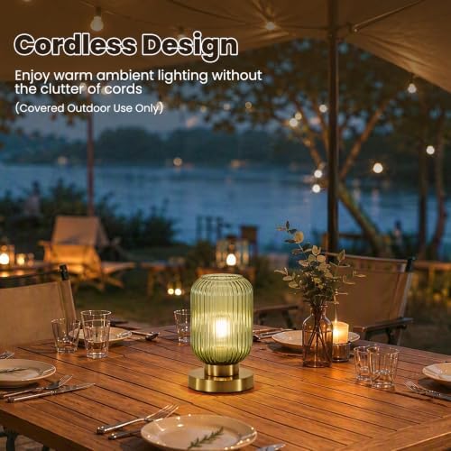 6" MCM Cordless Rechargeable Green Glass Table Lamp, Touch Dimmable - Image 2