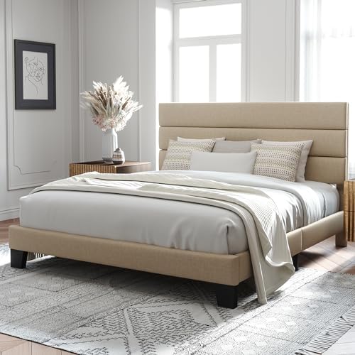 Allewie King Size Platform Bed Frame with Fabric Upholstered Headboard and Wooden Slats Support, Fully Upholstered Mattress Foundation/No Box Spring Needed/Easy Assembly, Beige - Image 3