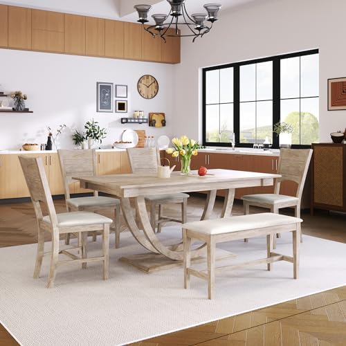LUMISOL 6-Piece Dining Table Set for 6, Farmhouse Kitchen Dining Room Table Set with Recantgle Table and Upholstered Bench and Chairs, Light Natural - Image 3