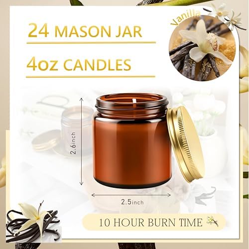 24 Pcs 4 Oz Mason Jar Candles, Vanilla Scented Soy Candles Bulk Set for Stress Relief and Relaxation, Great Favors for Wedding, Christmas, Housewarming Gifts (Gold,Amber Glass, Vanilla, 24) - Image 2