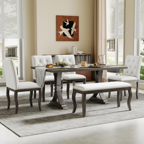 LUMISOL 6-Piece Dining Table Set with Bench, Farmhouse Kitchen Table Set with 4 Upholstered Button Tufted Chairs, Nailhead Trim & Curved Wood Legs, Espresso - Image 3