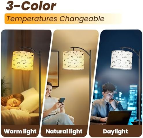 Modern Arc Floor Lamp, Seamless pattern sketch musical theme notes music treble clef Standing Lamp with Hanging Linen Shade Adjustable Foot Switch for Living Room Bedroom Study Room Office - Image 7