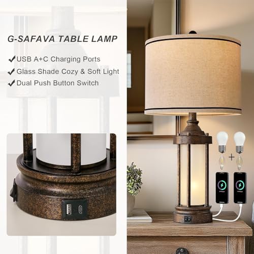 25'' Table Lamps Set of 2 for Living Room Bedroom Farmhouse Metal Lamps with 2 USB Ports, Built-In Frosted Glass Night Light Vintage Industrial Nightstand Bedside Lamp, 4 Bulbs Included, Bronze - Image 3