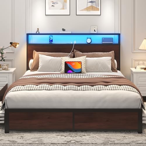 Lifezone Queen Bed Frame with 2-Tier Storage Headboard, Metal Platform Bed Frame with 4 Storage Drawers, Built in Charging Station & LED, Noise-Free/Metal Support/No Box Spring Needed, Coffee Brown - Image 3