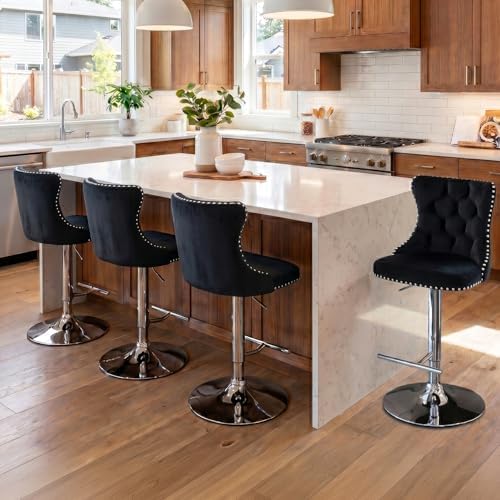 SoarFlash Velvet Bar Stool Set of 4, Adjustable Swivel Bar Stools with Silver Plated Metal Leg, Button Tufted, Footrest, Chrome Nailhead, Counter Height Chair for Kitchen, Bar, Dining Room (Black) - Image 4