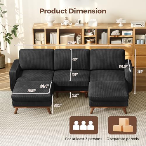 Vesgantti 97" Modular Sectional Sofa Black, U-Shaped Couch with Movable Ottoman, Comfy Corduroy Couch with Spring Cushion, Modular Sofa with Deep Seat for Living Room, Bedroom and Apartment - Image 2