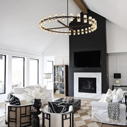Modern 60 inch Black Round Chandelier, Extra Large Chandeliers Crystal Chandeliers for Living Room, Large Wagon Wheel Chandelier for Foyer, Staircase, Entrance,Includes Bulb - Image 6