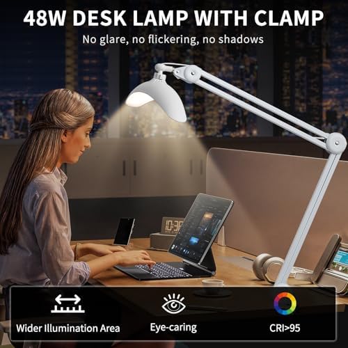 Upgraded 22" LED Desk Lamp with Clamp, 48W CCT Dimmable Home Office Lighting, Remote & Touch Control Swing Arm Task Light for Reading, Study, Drafting, Nail Art & Crafts, White - Image 4
