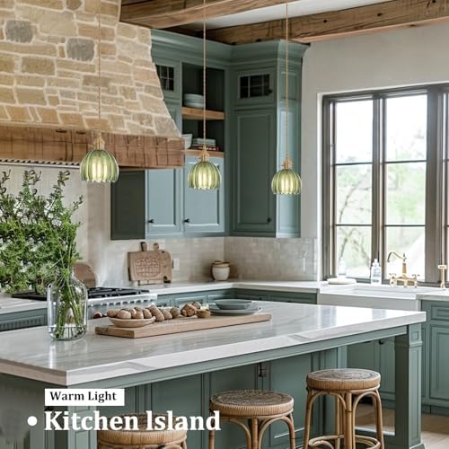Shenmoyl Pendant Light 2 Pack with Green Tulip Glass Lmapshade, Brass Vintage Pendant Light Adjustable Hanging Light for Kitchen Island Dining Room Hallway - Image 2