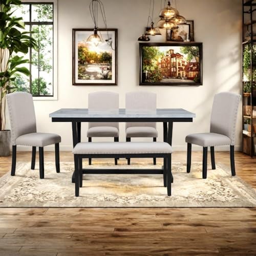 LUMISOL 6 Piece Dinette Set Large Dining Table Set with Bench Include Faux Marble Tabletop, 4 Padded Chairs and Bench, White+Black - Image 3