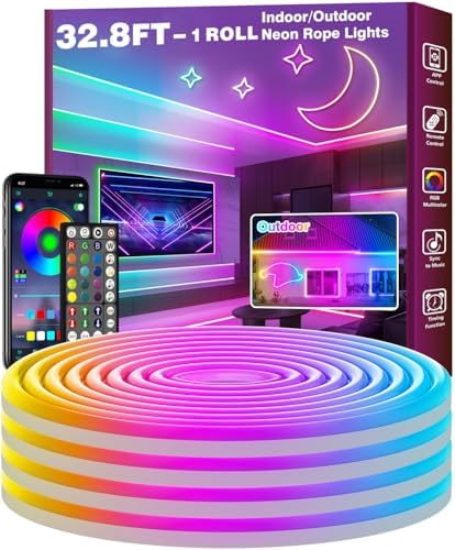 FBZ 32.8Ft Led Rope Lights, Flexible Neon Lights Control with App/Remote, Multiple Modes, IP65 Outdoor RGB Waterproof, Music Sync Gaming Light Strip for Bedroom Decor by Unknown