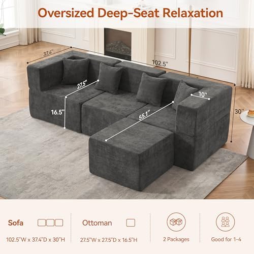 MONVANE 103'' Modular Sectional Sofa, Comfy Chenille Cloud Couch with Ottoman, Modern Convertible L Shaped Couch with Deep Seat, Sectional Couches for Living Room, Bedroom and Apartment, Grey - Image 2