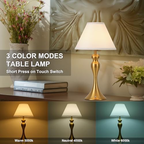 Cordless Table Lamp Rechargeable, Battery Night Light Fabric Shade, Brass - Image 4
