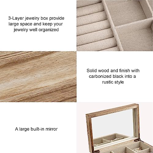 Meangood Jewelry Box Organizer for Women, 3 Layer Large Jewelry Storage Case, Rustic Wooden Jewelry Box with Mirror & Ring Tray for Necklace Earring Bracelets Rings, Vintage Style (Carbonized Black) - Image 5