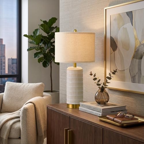 PoKat 25'' Modern Table Lamps Set of 2 for Living Room with Gold Base, White Farmhouse Bedside Lamps for Bedroom, Nightstand Lamps for Office End Table Hallway Home Decor Gift, Beige and White - Image 5