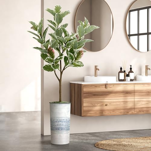 Artificial Tree in Blue Gray Industrial Line Pattern Planter, Fake Rubber Silk Tree for Indoor and Outdoor Home Decoration - 70" Overall Tall (Plant Pot Plus Tree) - Image 6