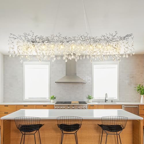 YUYI 71" Silver Tree Branch Chandelier, 20-Light Modern Rectangular Crystal Chandelier, Luxury Chandeliers for Dining Room, Kitchen Island, Living Room, Top K9 Crystal Raindrop Light Fixture - Image 3
