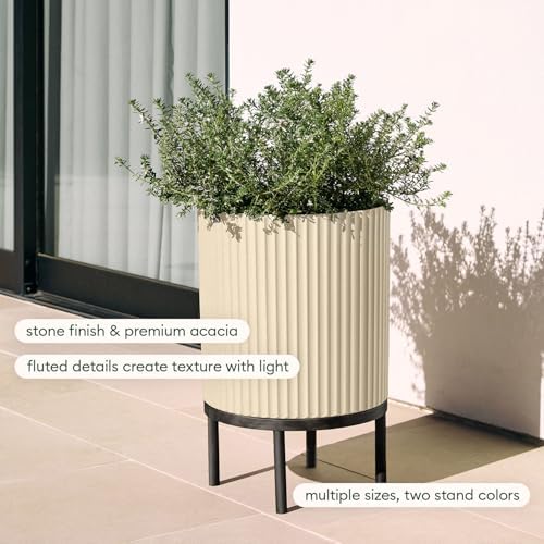Veradek Demi Series Round Planter w/ Stand for Porch/Patio | Durable Plastic-Concrete & Wooden Stand | Modern Décor for Tall Plants, Flowers - Image 4