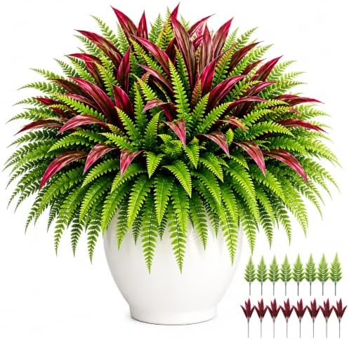 2027 New UV-Resistant Artificial Fern & Red Dracaena Decorative Plants，8set by Unknown