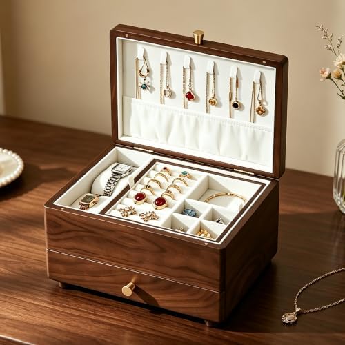 Black Walnut Wooden Jewelry Box with Feet, 3 Layer Organizer for Women - Image 2