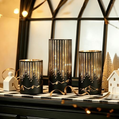 Starry Night Elegant Hurricane Candleholders with LED Flickering Lights & Remote Timer, Decorative Glass Hurricanes for Indoor Table Centerpieces & Year-Round Home Decor, Set of 3 (Black) - Image 5