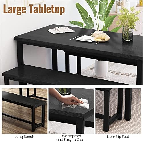 Dining Room Table Set with 2 Benches, Farmhouse Dining Table Set for 4-6, Wood Breakfast Table Set Dinner Table Set Kitchen Table and Chairs for Breakfast Nook Small Spaces, Black - Image 4