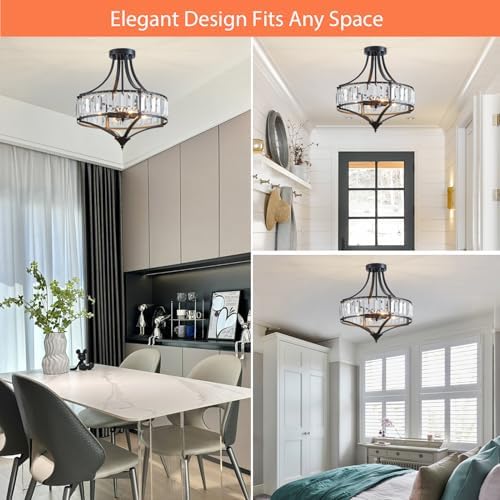 Black Crystal Chandelier Semi Flush Mount Ceiling Light Fixture Round Rustic Farmhouse 4-Light Mid Century Modern Chandelier for Hallway, Bedroom, Foyer, Entryway, Closet - Image 6