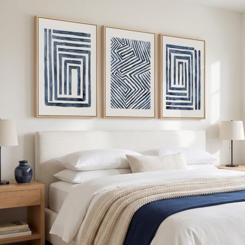 Large Framed Blue White Abstract Wall Art for Living Room, 3 Piece 24x36 In - Image 2
