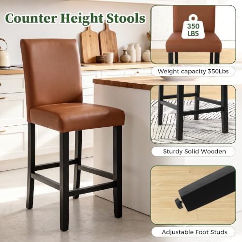 LSSPAID Counter Height Bar Stools Set of 4, 25 Inch Faux Leather Barstools, Modern Bar Chairs with Solid Wood Frame for Kitchen Island, Camel Brown - Image 3