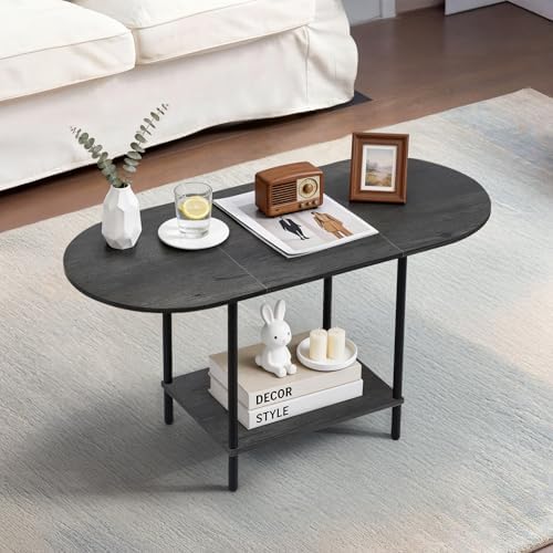 Small Coffee Table,35.4'' Oval Coffee Table with Storage Shelf & Metal Frame,Low Cocktail Tea Accent Table for Apartment,Modern Mid Century Small Living Room Table,Dark Gray by Unknown