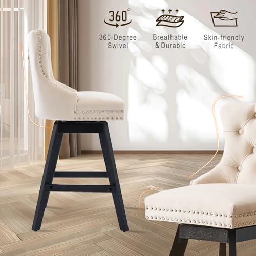 SoarFlash Kitchen Velvet Swivel Bar Stools with Solid Wood Legs Upholstered Counter Stools Set of 4, Beige - Image 6