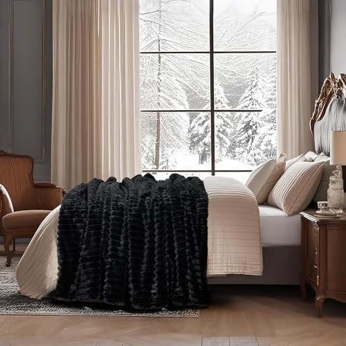 Amélie Home Soft Striped Faux Fur Throw Blanket for Couch, Black, 55"x70" - Image 2