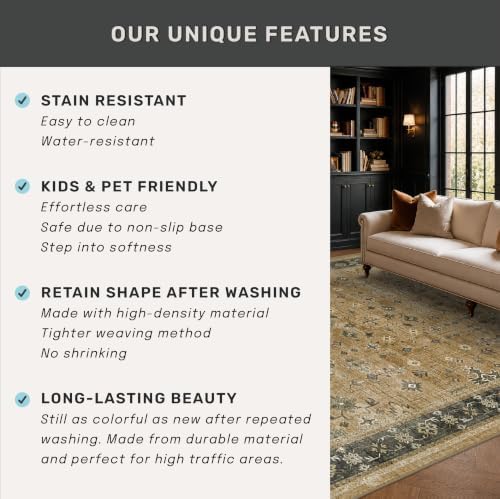 Vintage 6x9 Rug for Living Room - Washable Dining Room Rugs for Under Table, Low Pile Non-Slip Carpet for Bedroom - Boho Rustic Brown and Charcoal Olive Eclectic Home Decor - Image 5