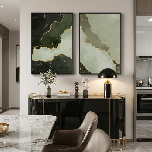 Large Framed Green Gold Abstract Wall Art for Living Room Set of 2, 24x36 - Image 2
