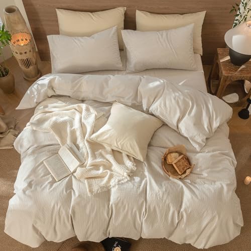 MooMee Striped Duvet Cover Set 100% Washed Cotton Linen Like Twin - Image 5