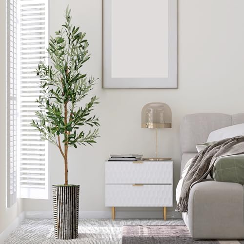 Artificial Tree in Black and Brown Striped Planter, Fake Olive Silk Tree for Indoor and Outdoor Home Decoration - 68" Overall Tall (Plant Pot Plus Tree) - Image 3