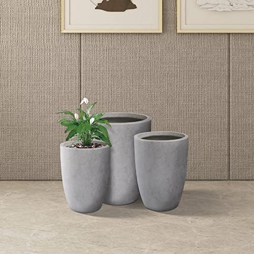Kante 18.1",20.5",22.4" H Tall Round Concrete Planters Set of 3, Outdoor Indoor Modern Decorative Plant Pots with Drainage Hole & Rubber Plug for Home & Garden Natural Concrete - Image 6