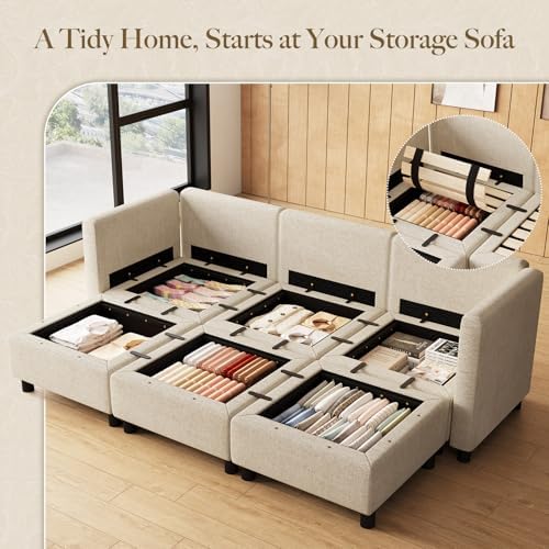 Belffin 84.3" Modular Sectional Sofa 6 Seats Sleeper Sofa Washable Sectional Couches for Living Room Comfy Couches with Storage Seat Couch Sofas with Chaise,Beige - Image 3