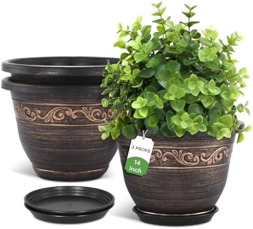 Plastic-Plant-Flower-Planters-14 Inch With Drainage Hole & Saucer, 3 Packs Lightweight Large Resin Flower Pot Indoor Outdoor, Retro Antique Imitation Decorative Garden Containers Sets For Houseplants by Pottiffe