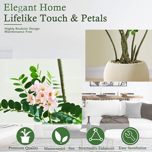 Artificial Locust Tree：6FT Faux Black Locust Floor Plant with Pink Flowers Small Round Silk Leaves & Elegant Branches in Beige Ribbed Planter for Indoor Home Office Decor Hotel Patio Studio - Image 4