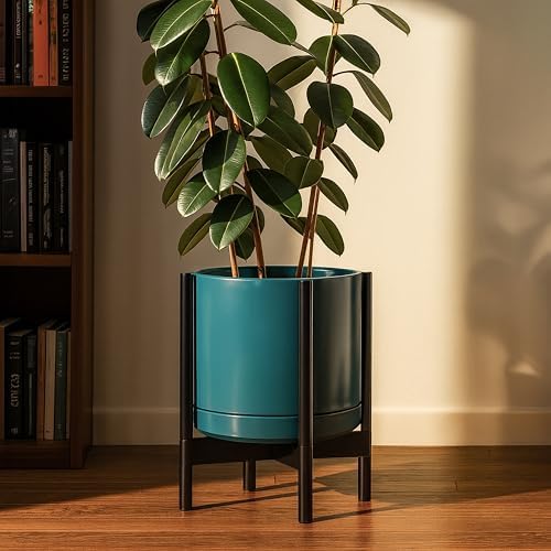 D'vine Dev Ceramic Pot with Ebony Wood Stand, Teal, 14 in, 55-B-S-4 - Image 4