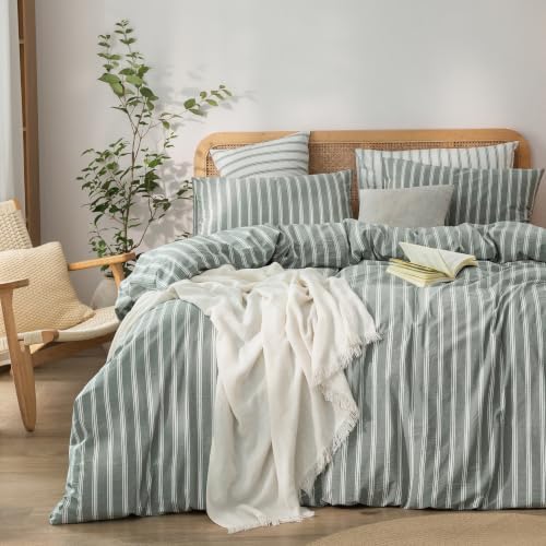 BESTOUCH Striped Cotton Duvet Cover Set Linen Feel Alaska King by BESTOUCH