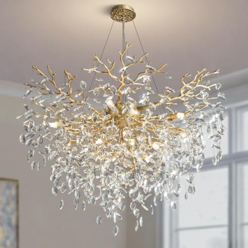 40" Modern Crystal Chandelier, 12-Light Gold Tree Branch Chandeliers, Luxury Round Chandelier for Dining Room, Living Room, Foyer, Entryway, Kitchen, Bedroom, Luxury K9 Crystal Raindrop Light Fixture by YUYILIGHTING