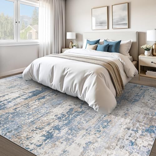 pmtsns Area Rugs 8x10 for Living Room: Washable Rug Modern Abstract Neutral Soft Non-Slip Low-Pile Indoor Large Carpet for Bedroom Dining Room Playroom Home Office (Light Blue Brown, 8'x10') - Image 2