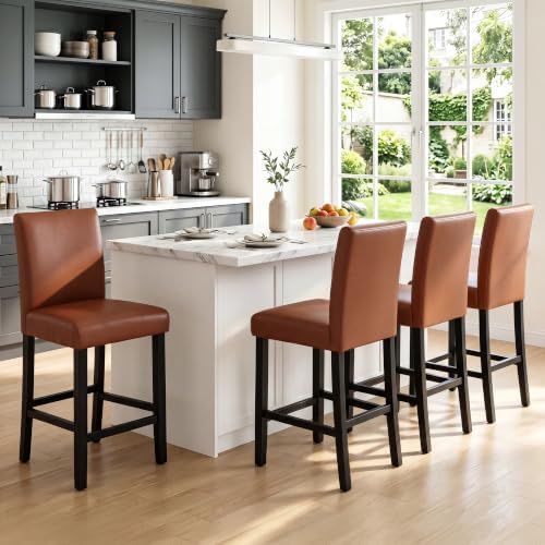 LSSPAID Counter Height Bar Stools Set of 4, 25 Inch Faux Leather Barstools, Modern Bar Chairs with Solid Wood Frame for Kitchen Island, Camel Brown by LSSPAID