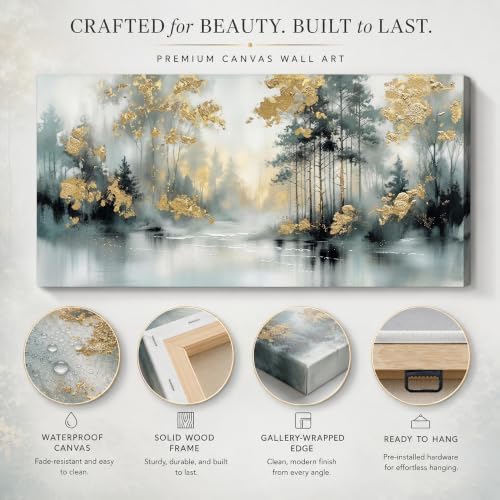 Anolyfi Misty Forest Grey Lake Canvas Wall Art for Living Room 40"x20" - Image 4