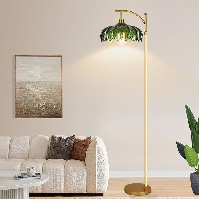 Gold Floor Lamps for Living Room,Glass Floor Lamp with Remote Control & Green Lampshade,Arc Flower Lamp Dimmable Mid Century Modern Standing Lamp Vintage Brass Tall Floor Lamp For Bedroom Corner - Image 3