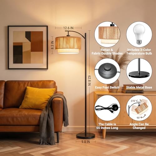 TJOY Arc Floor Lamp for Living Room, Boho Rattan & Fabric Shades - Image 2