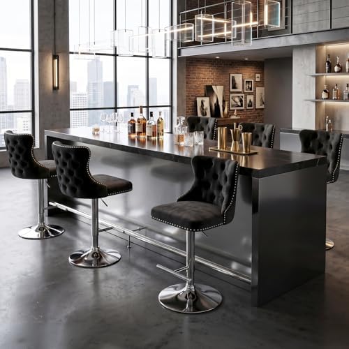 SoarFlash Velvet Bar Stool Set of 6, Adjustable Swivel Bar Stools with Silver Plated Metal Leg, Button Tufted, Footrest, Chrome Nailhead, Counter Height Chair for Kitchen, Bar, Dining Room (Black) by SoarFlash
