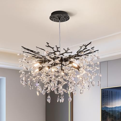 Modern Tree Branch Crystal Chandelier Luxury Blacl Crystal Pendant Lighting 23.6" Contemporary 8-Light Chandeliers for Dining Room Kitchen Bedroom Living Room by witkey